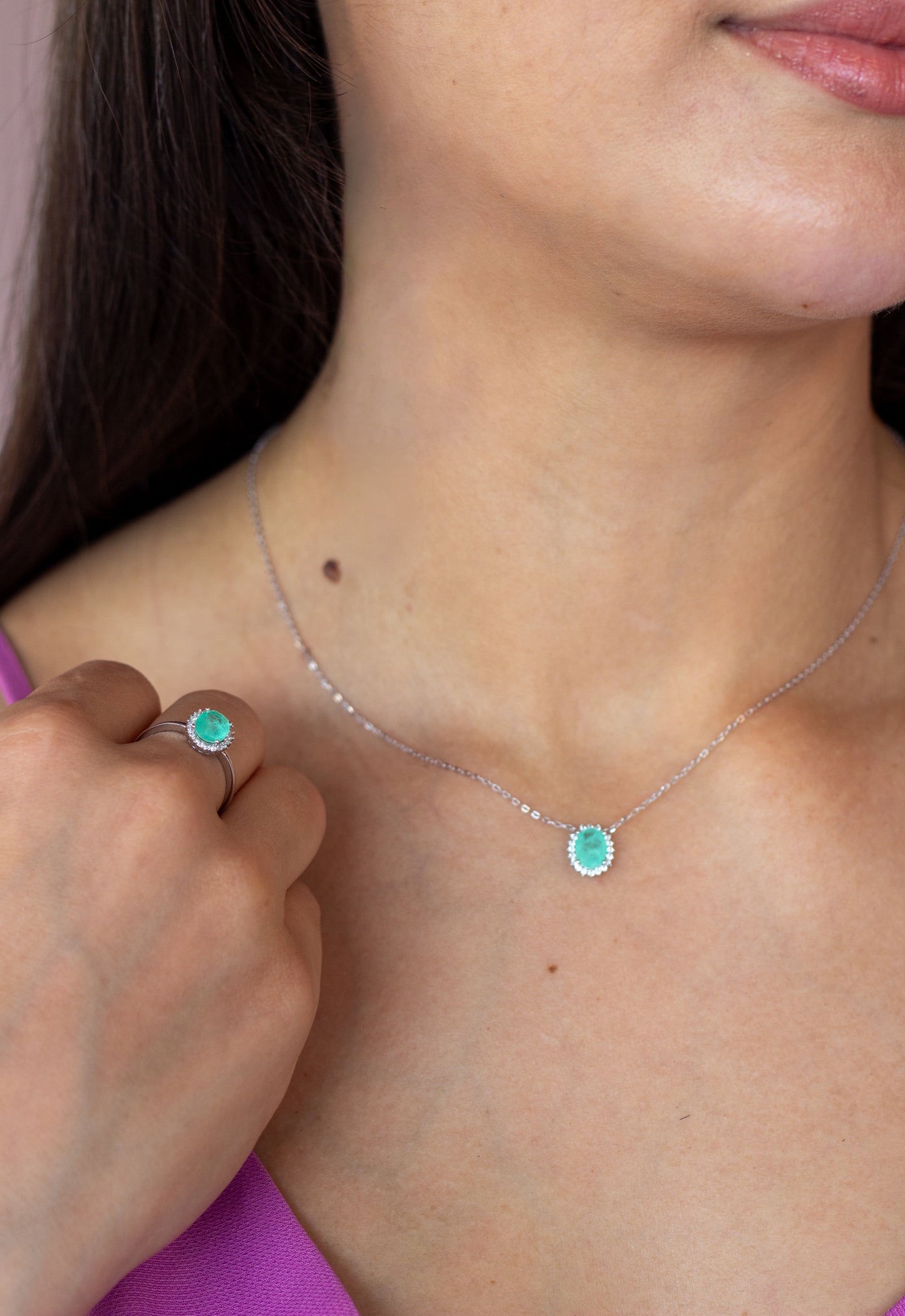 Corrente Princesa com Pingente Verde Oval em Prata 925 com Banho de Ródio