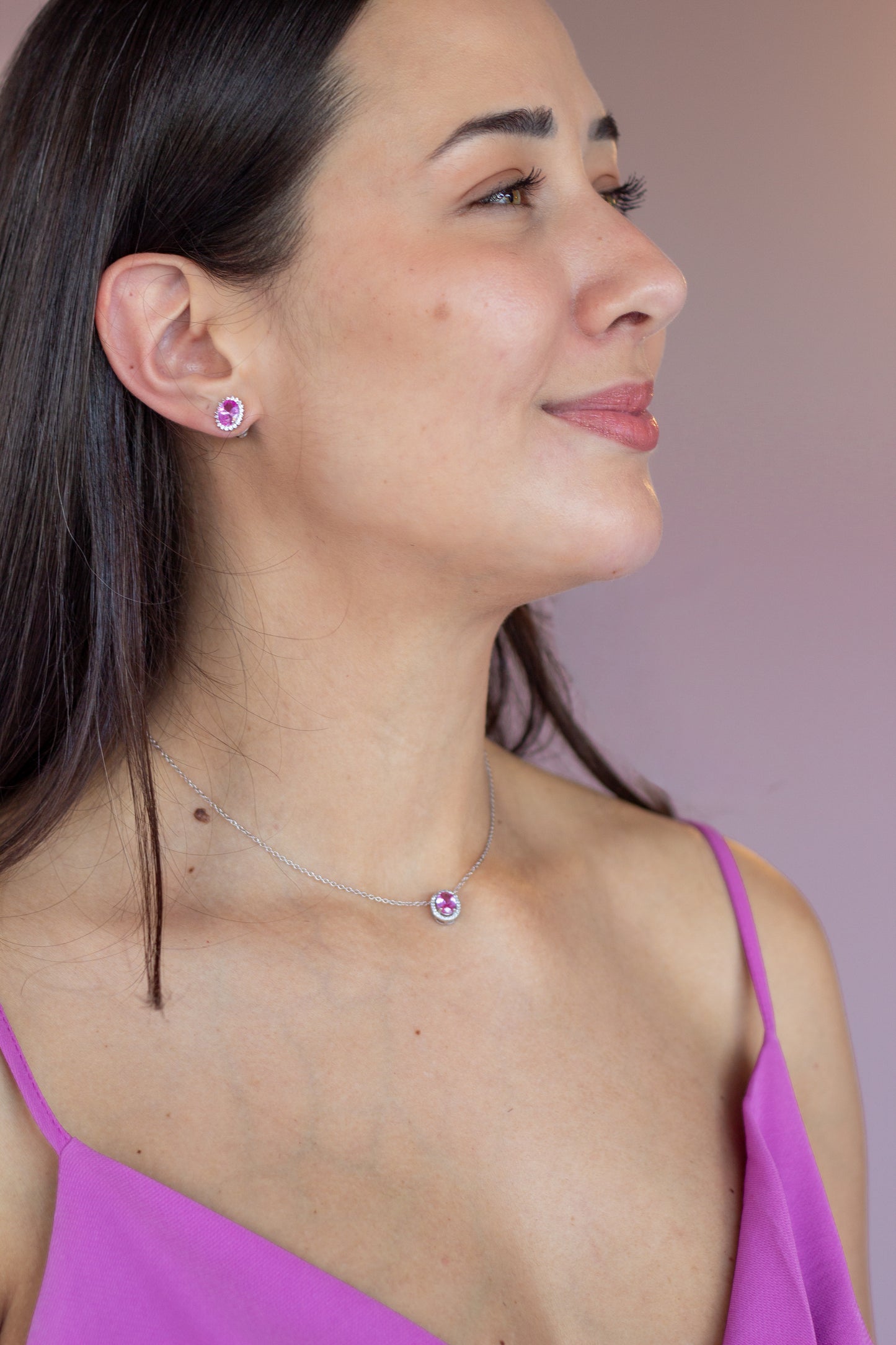 Corrente Princesa com Pingente Pink Oval em Prata 925 com Banho de Ródio