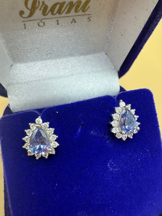 Brinco Princesa Gota azul (tom tanzanita) em Prata 925 com Banho de Ródio