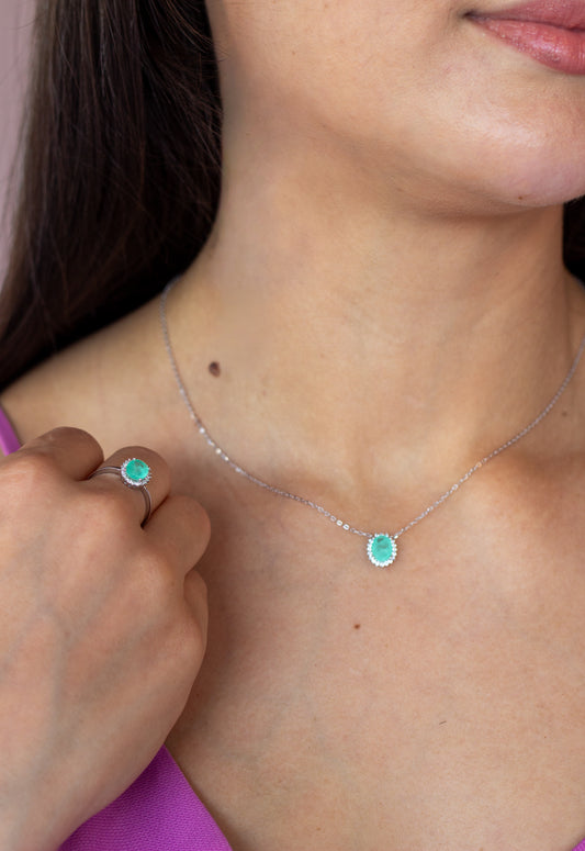 Corrente Princesa com Pingente Verde Oval em Prata 925 com Banho de Ródio