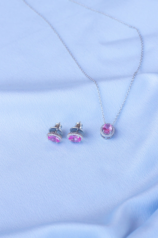 Corrente Princesa com Pingente Pink Oval em Prata 925 com Banho de Ródio