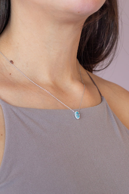 Corrente Princesa com Pingente Azul Oval em Prata 925 com Banho de Ródio