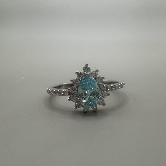 Anel Princesa Azul Gota em Prata 925 com Banho de Ródio