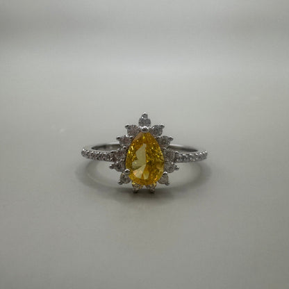 Anel Princesa Amarelo Gota em Prata 925 com Banho de Ródio